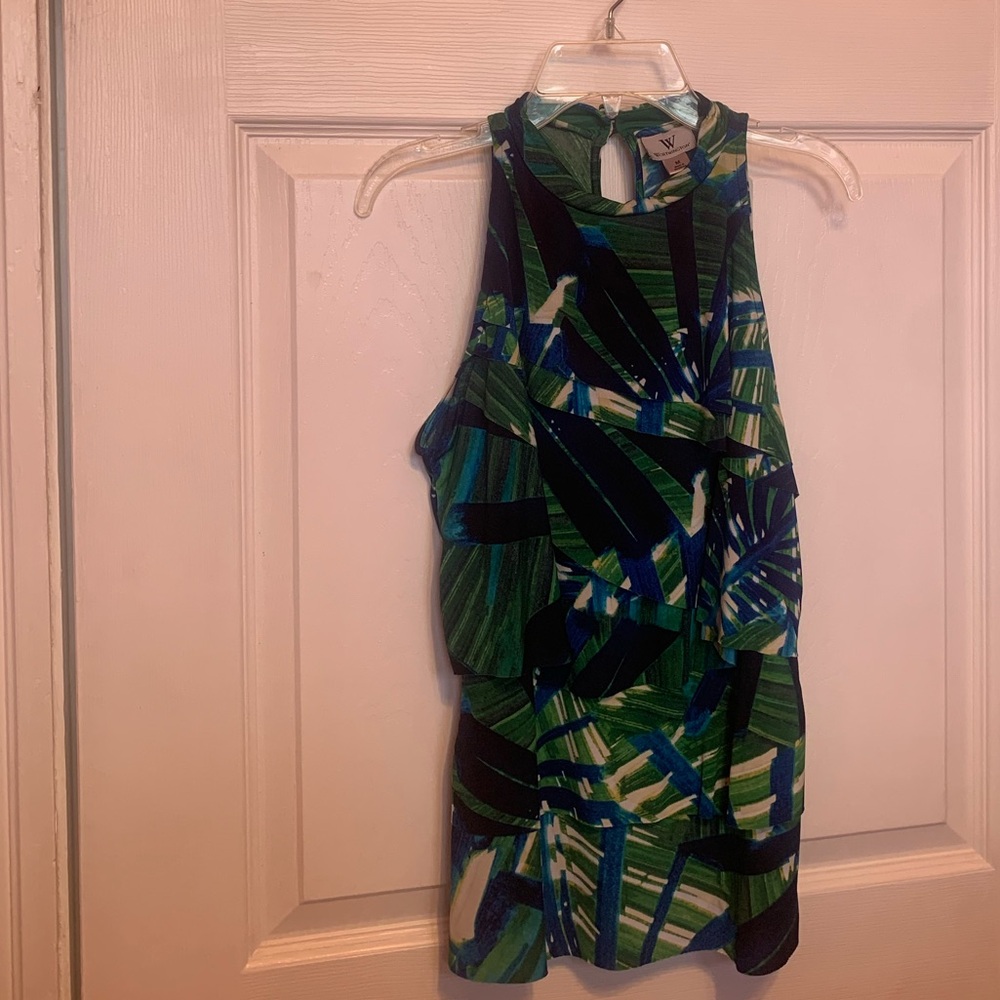 Worthington Green and Blue Tropical Print Halter Tank Top
